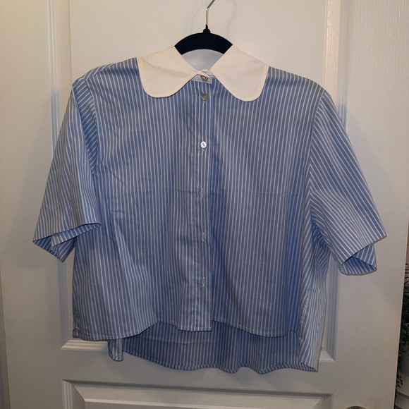 Tops - Striped Blouse Top with White Collar hi low, size S